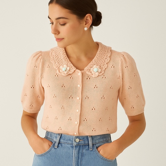 Vintage Margules Ramie Cotton Short Sleeve Cardigan with Crochet Collar – Size M - Picture 1 of 5